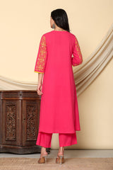 Women's Red Fusion Regular Fit Embroidered Three Quarter Sleeves Kurtas Sets