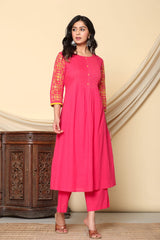 Women's Red Fusion Regular Fit Embroidered Three Quarter Sleeves Kurtas Sets