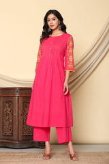Women's Red Fusion Regular Fit Embroidered Three Quarter Sleeves Kurtas Sets
