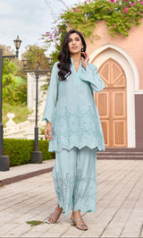 Women's Blue Work Regular Fit Solid Full Sleeves Co-Ord Sets