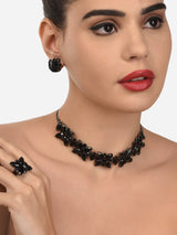 Women's Black Dazzling Stones Embellished Contemporary Necklace Earring and Ring Set