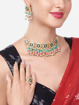 Women's Pink and Green Beads Cluster Drops Kundan Choker Necklace Earring and Ring Set