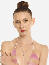 Women's Pink Rose Gold Contemporary Cubic Zirconia Pearl Embellished Pendant and Chain