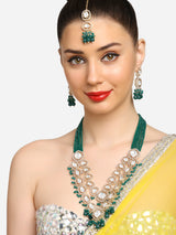 Women's Green Multistrand Crystal Austrian Diamonds Artificial Stones and Beads Bridal Necklace Earring with Maangtikka Set