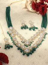 Women's Green Multistrand Crystal Austrian Diamonds Artificial Stones and Beads Bridal Necklace Earring with Maangtikka Set