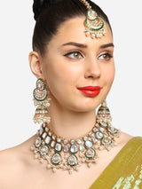 Women's Gold Tone and Green Enamel Kundan Artificial Stones with Pearls Drop Bridal Necklace Earring and Maangtikka Set