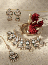 Women's Gold Tone and Green Enamel Kundan Artificial Stones with Pearls Drop Bridal Necklace Earring and Maangtikka Set