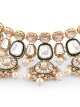 Women's Gold Tone and Green Enamel Kundan Artificial Stones with Pearls Drop Bridal Necklace Earring and Maangtikka Set