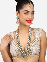 Women's Green Meenakari Kundan Bridal Long Dazzling Necklace Earring Maangtikka Set