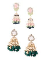 Women's Multicolor Stones Beads Clustered Traditional Jhumka Earrings - Pack of 2