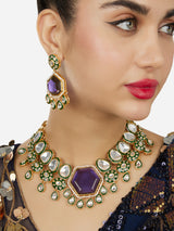 Women's Purple Stone Green Meenakari Austrian Diamonds Embellished Necklace and Earring Set