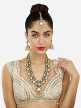 Women's Pink Green Beads Dazzling Stones Meenakari Bridal Long Necklace Earring and Maangtikka Set