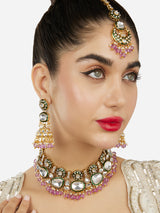 Women's Purple Beads Green Meenakari Dazzling Stones Bridal Necklace Earring and Maangtikka Set