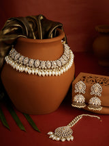 Women's Gold Tone Dazzling Stones Clustered Pearls Necklace Earring Maangtikka Set