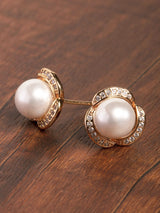 Women's Splendid Rose Gold Tone Shimmering Cubic Zirconia and Pearl Stud Earring
