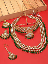 Women's Green Beads Bridal Kundan Choker and Long Necklace with Earring and Maangtikka Set