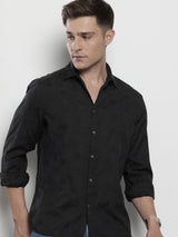 Men's Black Casual Regular Fit Textured Full Sleeves Shirt