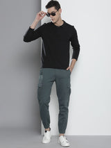 Men's Slim Fit Solid Mid Rise Stretchable Cuffed Cargos