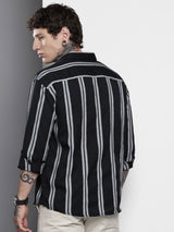 Men's Black Casual Regular Fit Striped Full Sleeves Shirt