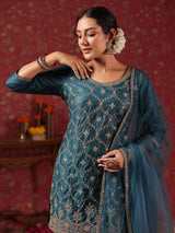 Women's Ethnic Blue Straight Poly Silk Kurta Set with Dupatta