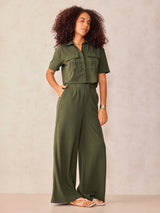 Women's Olive Crop Shirt and Wide Leg Pant Coord Set