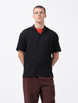 Men's Black Casual Relaxed Fit Textured Cuban Collar Half Sleeves Shirt