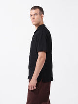 Men's Black Casual Relaxed Fit Textured Cuban Collar Half Sleeves Shirt