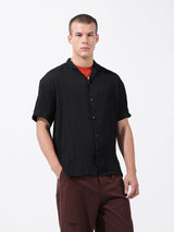 Men's Black Casual Relaxed Fit Textured Cuban Collar Half Sleeves Shirt
