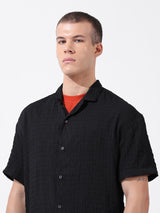 Men's Black Casual Relaxed Fit Textured Cuban Collar Half Sleeves Shirt