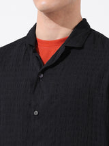 Men's Black Casual Relaxed Fit Textured Cuban Collar Half Sleeves Shirt