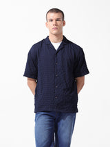 Men's Blue Casual Relaxed Fit Solid Cuban Collar Half Sleeves Shirt