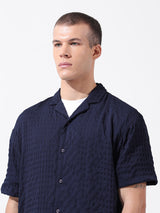 Men's Blue Casual Relaxed Fit Solid Cuban Collar Half Sleeves Shirt