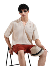 Men's Beige Casual Oversized Fit Polo Collar Half Sleeves Shirt