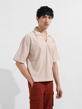 Men's Beige Casual Oversized Fit Polo Collar Half Sleeves Shirt