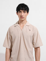 Men's Beige Casual Oversized Fit Polo Collar Half Sleeves Shirt