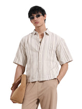 Men's Beige Casual Baggy Fit Round Neck Half Sleeves Shirt