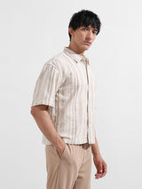 Men's Beige Casual Baggy Fit Round Neck Half Sleeves Shirt