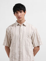Men's Beige Casual Baggy Fit Round Neck Half Sleeves Shirt