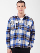 Men's Blue Casual Regular Fit Hooded Full Sleeves Shirt