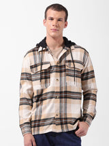 Men's Khaki Casual Regular Fit Hooded Full Sleeves Shirt