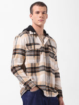 Men's Khaki Casual Regular Fit Hooded Full Sleeves Shirt