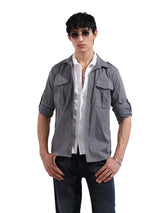 Men's Grey Casual Regular Fit Polo Collar Full Sleeves Shirt