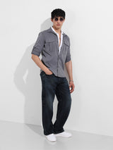 Men's Grey Casual Regular Fit Polo Collar Full Sleeves Shirt