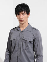Men's Grey Casual Regular Fit Polo Collar Full Sleeves Shirt