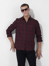 Men's Maroon Casual Slim Fit Checked Full Sleeves Shirt