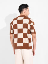 Men's Brown Casual Textured Oversized Fit Half Sleeves Polo Tshirt