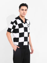 Men's Black Casual Textured Oversized Fit Half Sleeves Polo Tshirt