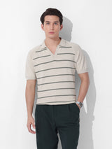Men's Cream Casual Textured Slim Fit Half Sleeves Polo Tshirt