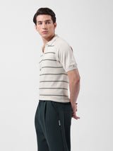 Men's Cream Casual Textured Slim Fit Half Sleeves Polo Tshirt