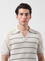 Men's Cream Casual Textured Slim Fit Half Sleeves Polo Tshirt